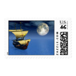 3d ship with full moon postage stamp