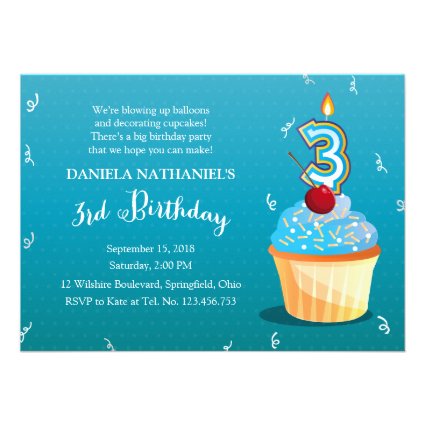 3rd Birthday Ice Blue Cupcake Party Personalized Announcements