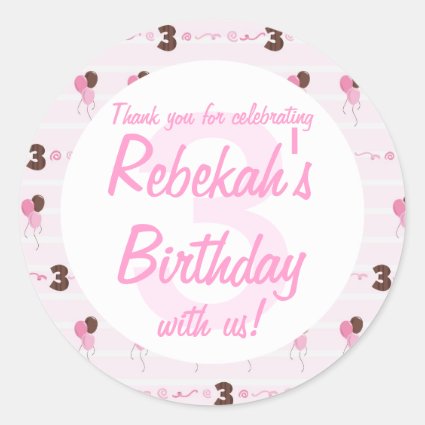 3rd Birthday Pink Balloons and Swirls Thank You Round Stickers