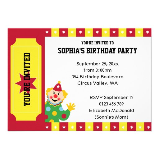 3rd Birthday Waving Circus Clown Invitation