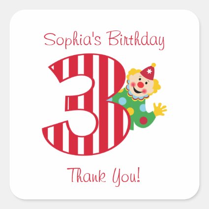 3rd Birthday Waving Circus Clown Square Stickers