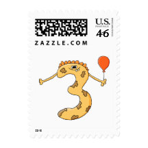 3rd Birthday. Yellow birthday monster cartoon. Postage Stamp