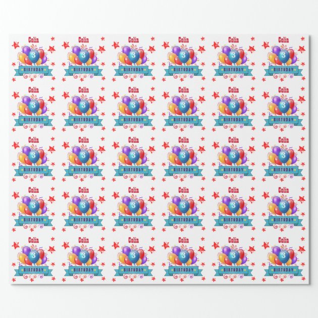 3rd KIDS Birthday Festive Colorful Balloons B10AZ Wrapping Paper 3/4