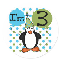3rd Penguin Birthday Tshirts and Gifts Round Stickers