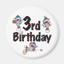 3rd Sock Monkey Baseball Birthday Refrigerator Magnet