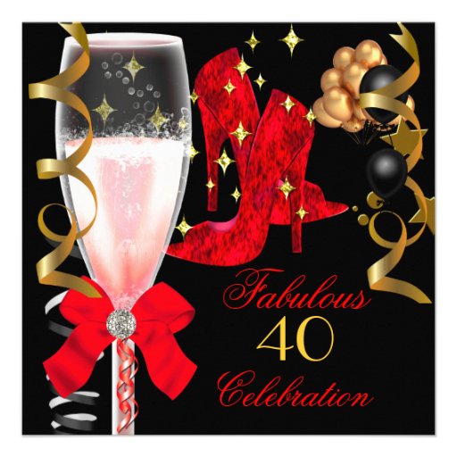 40 & Fabulous Red Black Gold Birthday Shoes Personalized Announcements