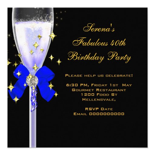 40 & Fabulous Royal Blue Black Gold Birthday Party Personalized Invite