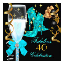 40 & Fabulous Teal Blue Gold Birthday Shoes invitations