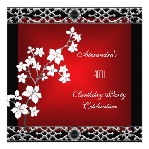 40th Birthday Asian Red Black Floral Silver White Personalized Invites