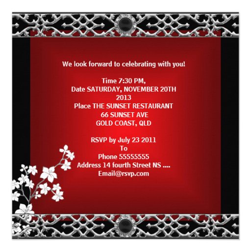 40th Birthday Asian Red Black Floral Silver White Personalized Invites