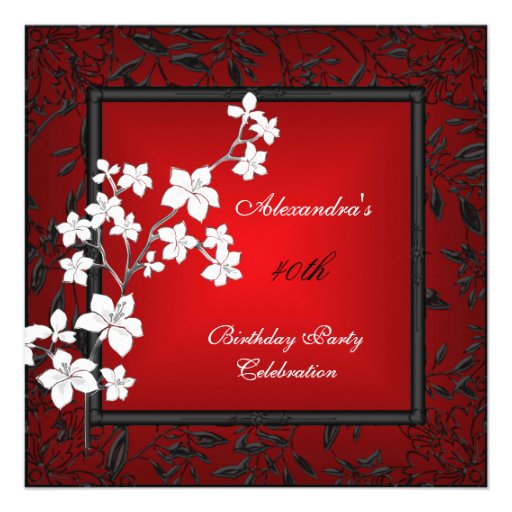 40th Birthday Asian Red Black Floral Silver White Custom Invitation (front side)
