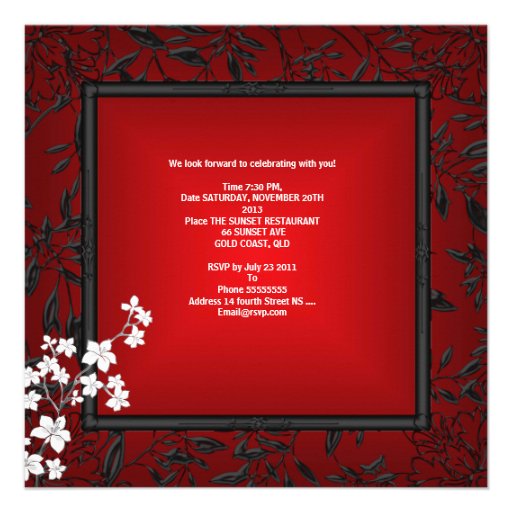 40th Birthday Asian Red Black Floral Silver White Custom Invitation