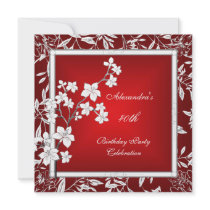 40th Birthday Asian Red Floral Silver White Announcements