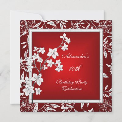 40th Birthday Asian Red Floral Silver White Announcements