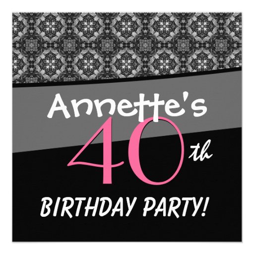 40th Birthday Black White Pink Ornate Diamonds G50 Announcements