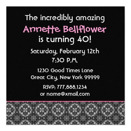 40th Birthday Black White Pink Ornate Diamonds G50 Announcements