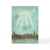 40th Birthday card with a city and spotlights