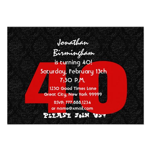 40th Birthday Custom Name Black White Red V17 Personalized Invites