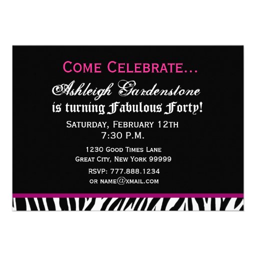 40th Birthday Custom Template - Zebra Pink Black Personalized Invitations