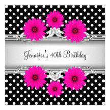 40th Birthday Elegant Black White spot Pink floral Custom Invite