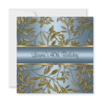 40th Birthday Elegant Blue Gold Floral Personalized Announcements