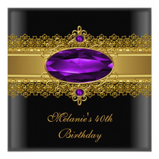 40th Birthday Elegant Lace Black Purple Gold Personalized Invitation