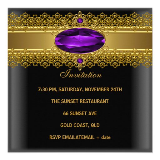 40th Birthday Elegant Lace Black Purple Gold Personalized Invitation