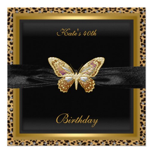 40th Birthday Elegant Leopard Gold Butterfly Custom Invitations