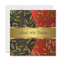 40th Birthday Elegant Red Gold Floral Black Announcements