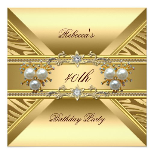 40th Birthday Elegant Zebra Gold Pearl Jewels Custom Invitations