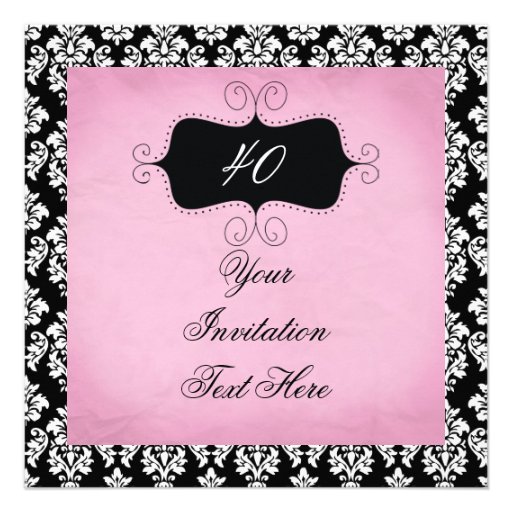 40th Birthday Invitation Black and Pink Damask (front side)
