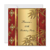 40th Birthday Party Asian Gold Bamboo Red 2 Custom Invitations