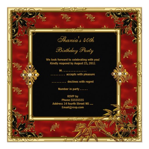 40th Birthday Party Asian View Gold Bamboo Red Announcements