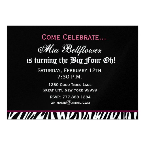 40th Birthday Party - Big 4 Oh Pink Zebra Metallic Personalized Invitations