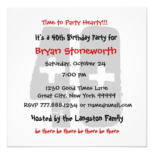 40th Birthday Party Black Red White Contemporary Invitations