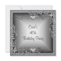 40th Birthday Party Black Silver Floral Custom Announcement