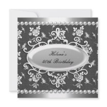 40th Birthday Party Black White Damask Pearl Custom Invites