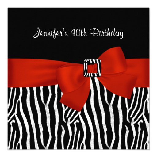 40th Birthday Party Black Zebra Stripe Red Bow Custom Invitations