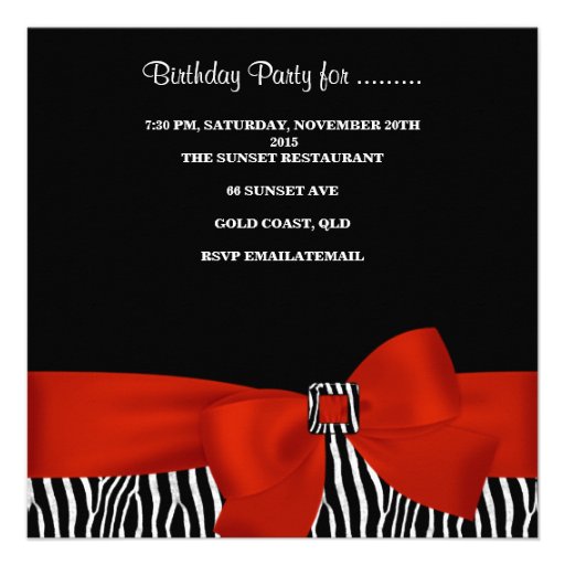 40th Birthday Party Black Zebra Stripe Red Bow Custom Invitations