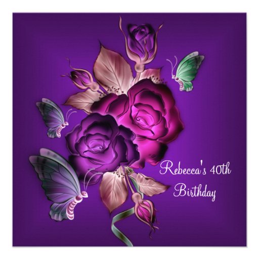 40th Birthday Party Elegant Purple Pink Roses 2 Personalized Invites