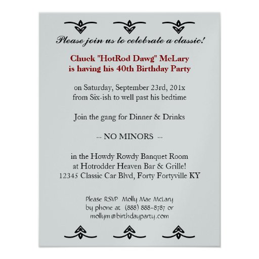 40th Birthday Party For Him - Classic Hotrod Car Announcements