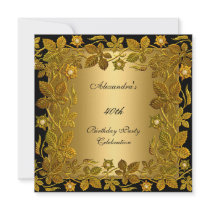 40th Birthday Party Gold Black Floral Personalized Invitations