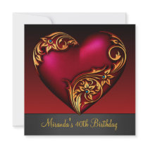 40th Birthday Party Heart Deep Red Gold Black Personalized Announcements