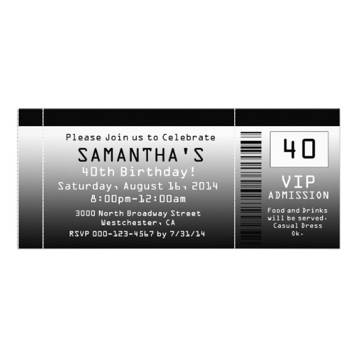 40th Birthday Party Invitation, Black Ticket (front side)