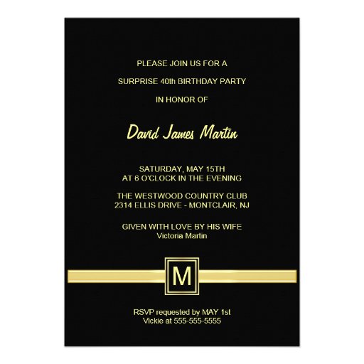 40th Birthday Party Invitations - Gold and Black