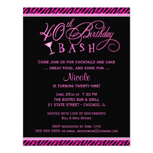40th Birthday Party Invitations - Hot Pink Zebra