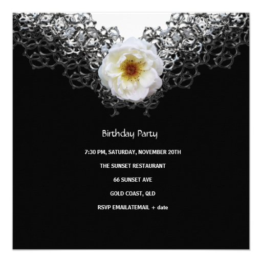 40th Birthday Party Lace Black White Flower Silver Personalized Invitation