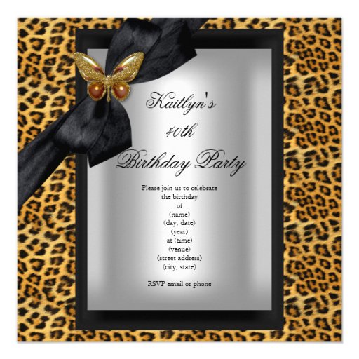 40th Birthday Party Leopard Black Butterfly Personalized Announcement