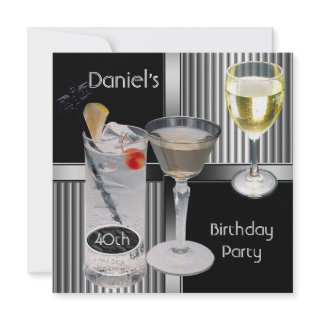 40th Birthday Party Mens Drinks Metal Black Silver Invite
