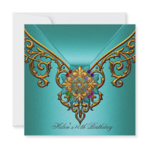 40th Birthday Party Teal Blue gold jewel Lace Invite
